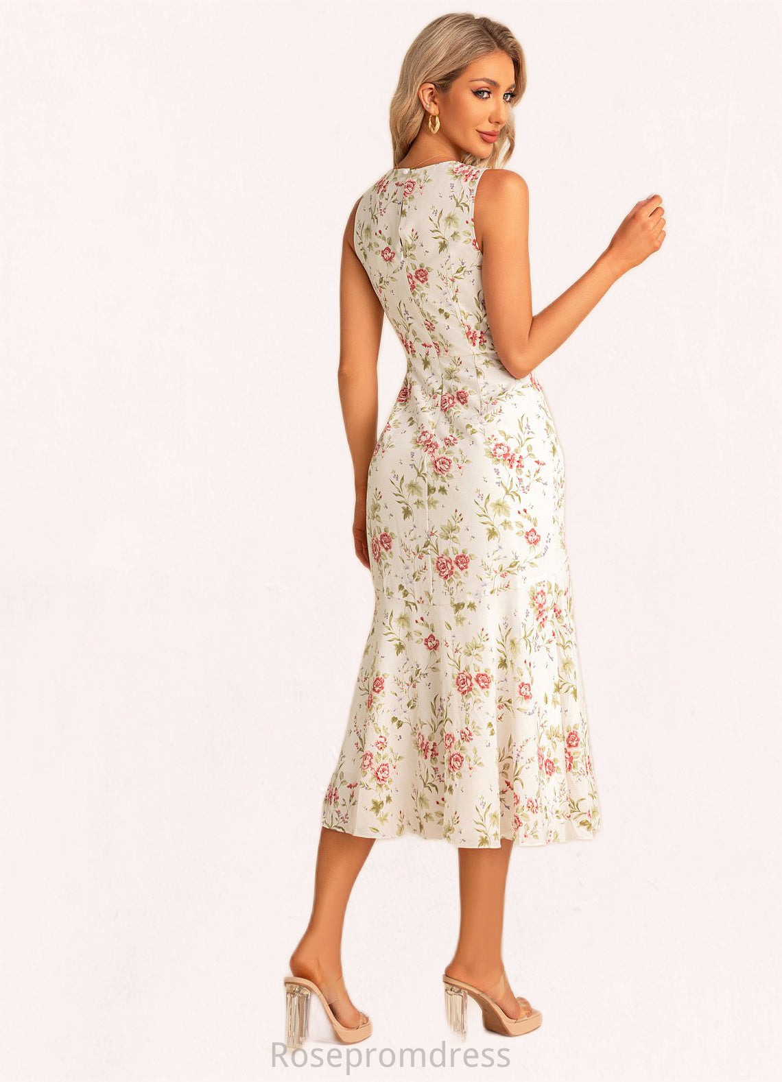 Anya Trumpet/Mermaid Scoop Tea-Length Polyester Bridesmaid Dress With Floral Print SRSP0022566