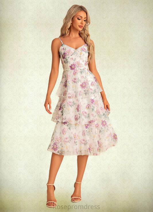 Ally A-line V-Neck Tea-Length Chiffon Bridesmaid Dress With Cascading Ruffles Floral Print SRSP0022567
