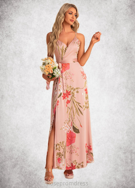 Madeline A-line V-Neck Floor-Length Asymmetrical Satin Bridesmaid Dress With Floral Print SRSP0022568