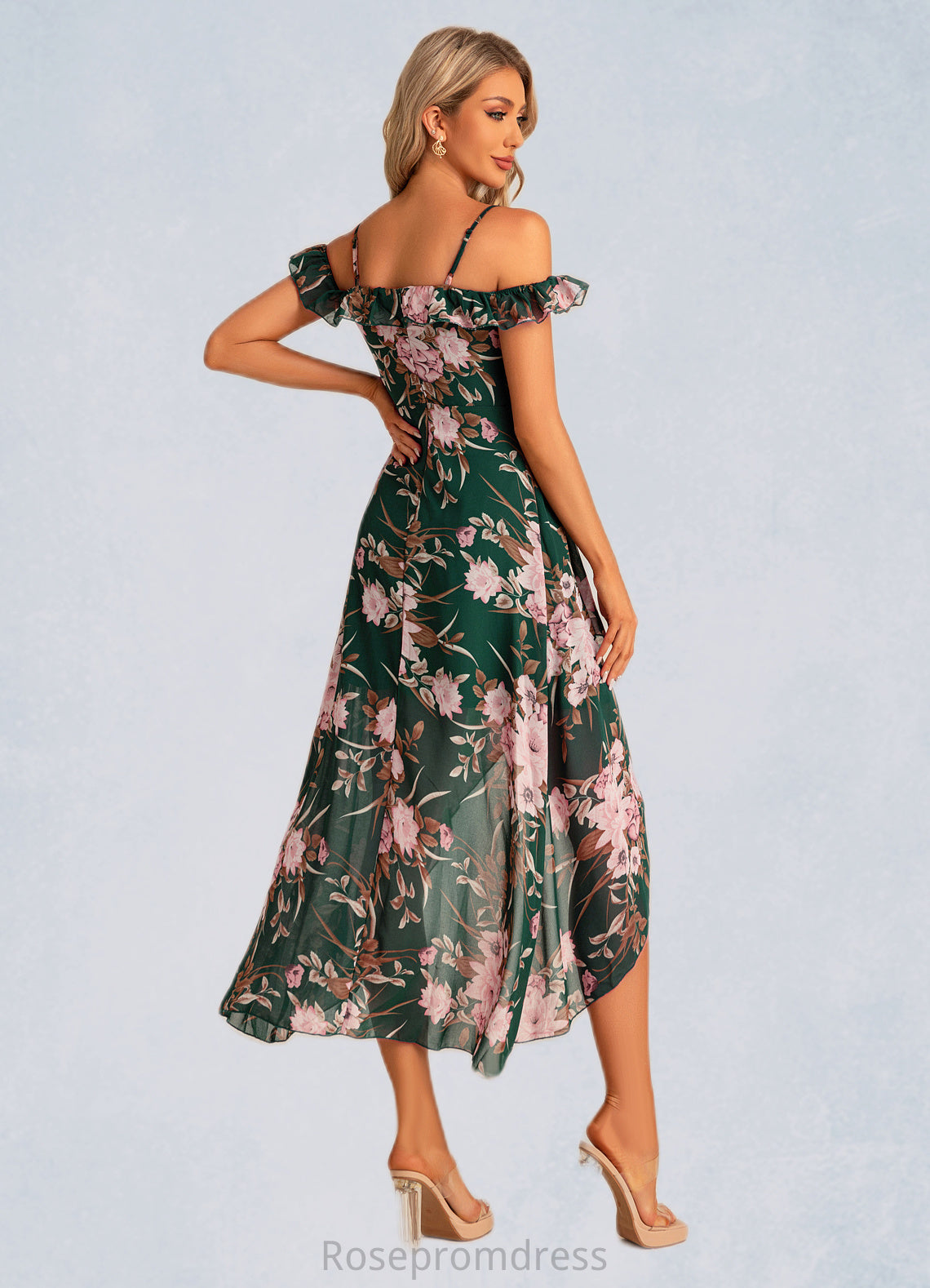 Rosie A-line Sweetheart Tea-Length Asymmetrical Chiffon Bridesmaid Dress With Floral Print Ruffle SRSP0022572