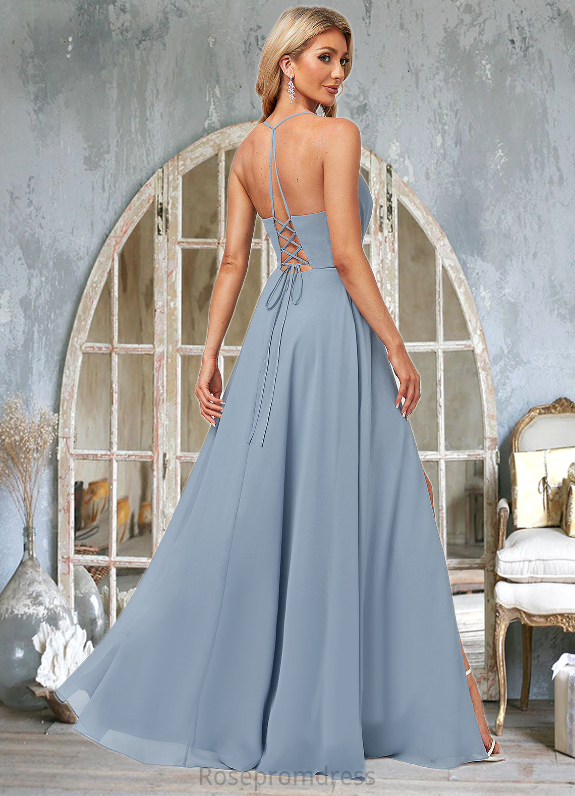 Novia A-line V-Neck Floor-Length Chiffon Bridesmaid Dress SRSP0022577