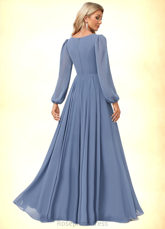 Yazmin A-line V-Neck Floor-Length Chiffon Bridesmaid Dress SRSP0022579