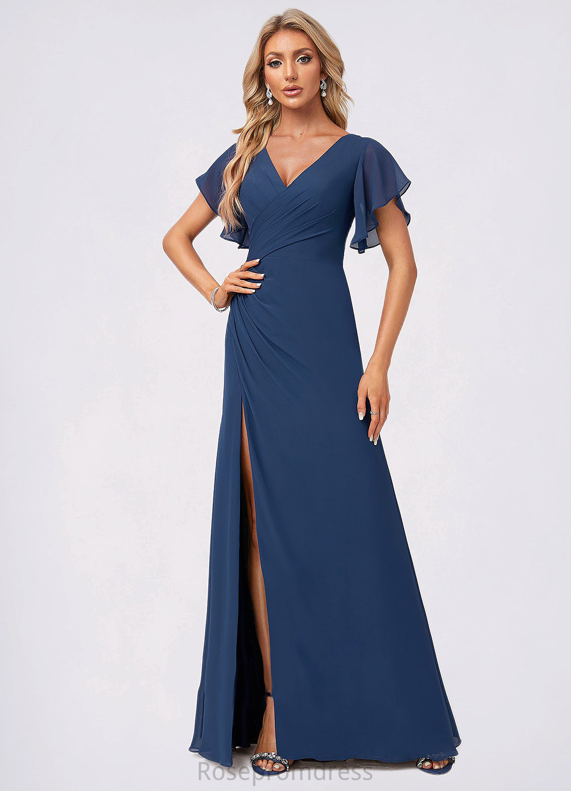 Sandy A-line V-Neck Floor-Length Chiffon Bridesmaid Dress With Ruffle SRSP0022582