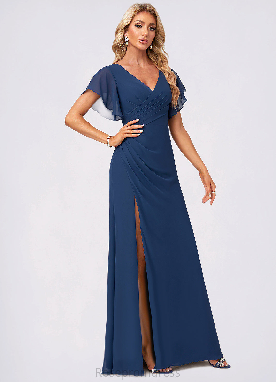 Sandy A-line V-Neck Floor-Length Chiffon Bridesmaid Dress With Ruffle SRSP0022582