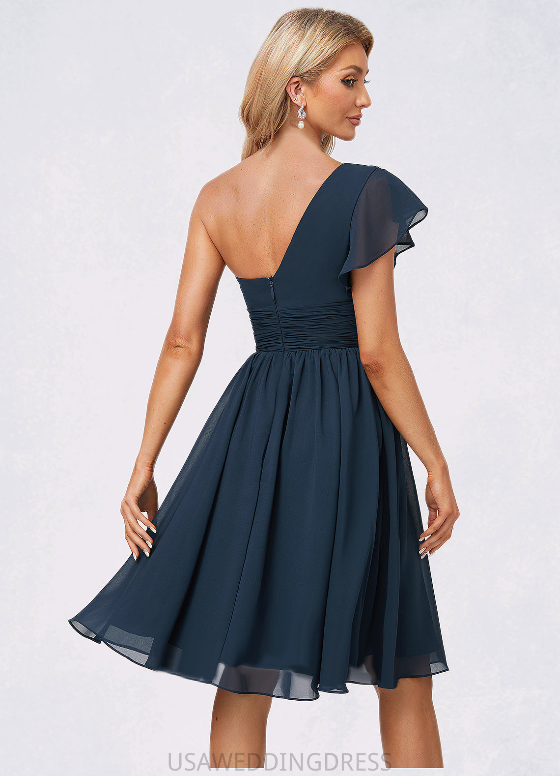 Mina A-line One Shoulder Knee-Length Chiffon Bridesmaid Dress With Ruffle DSP0022583