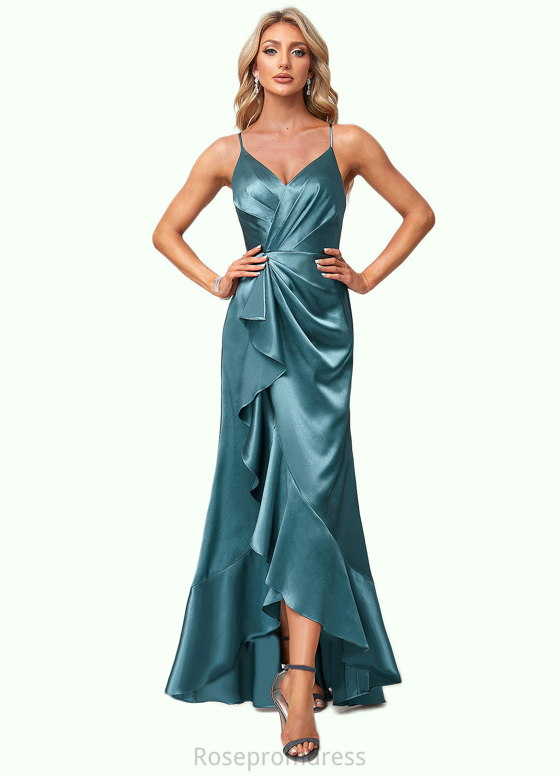 Sarah A-line V-Neck Asymmetrical Stretch Satin Bridesmaid Dress With Ruffle SRSP0022584