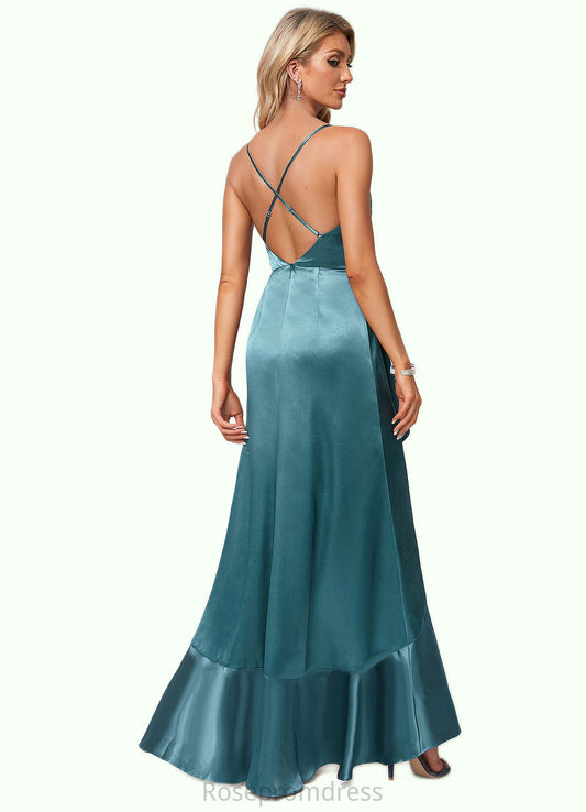 Sarah A-line V-Neck Asymmetrical Stretch Satin Bridesmaid Dress With Ruffle SRSP0022584