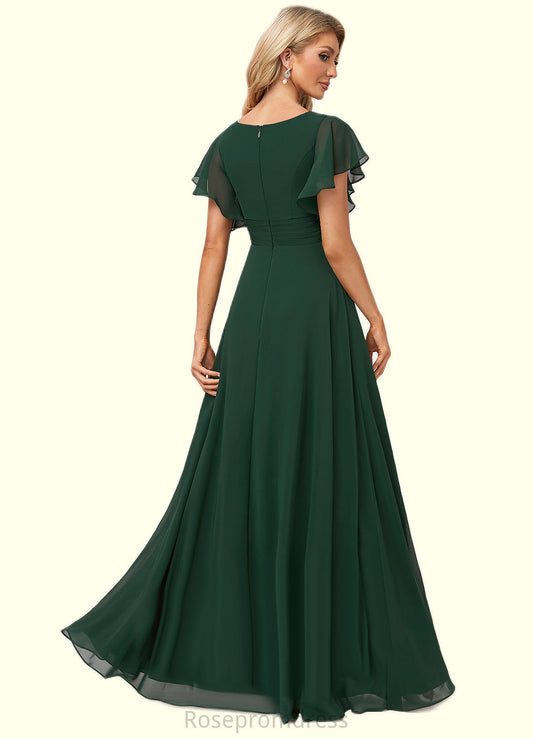 Henrietta A-line V-Neck Floor-Length Chiffon Bridesmaid Dress With Ruffle SRSP0022591