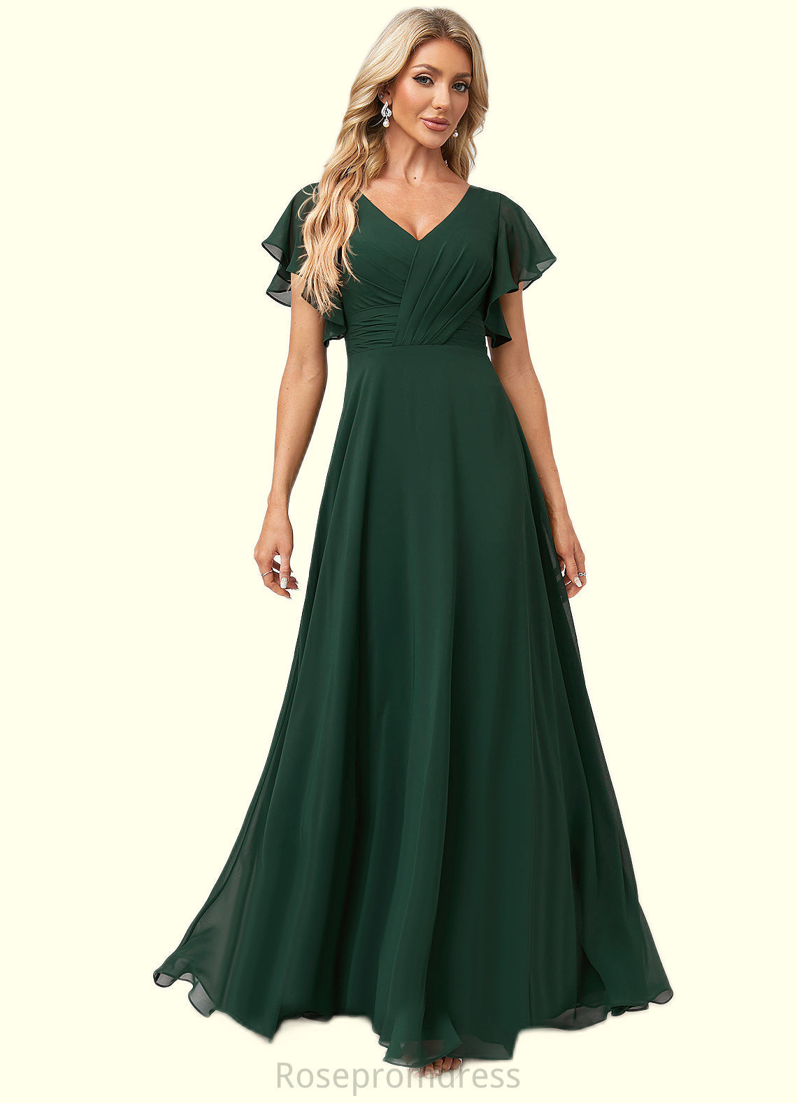 Henrietta A-line V-Neck Floor-Length Chiffon Bridesmaid Dress With Ruffle SRSP0022591