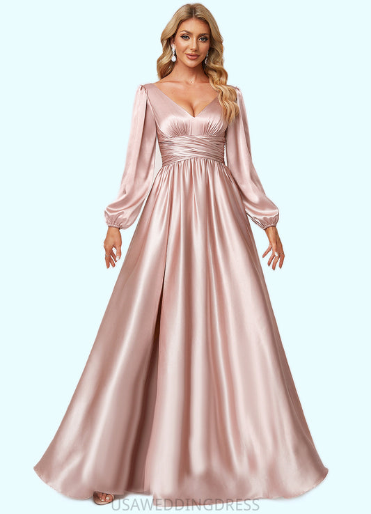 Mariana A-line V-Neck Floor-Length Stretch Satin Bridesmaid Dress DSP0022597