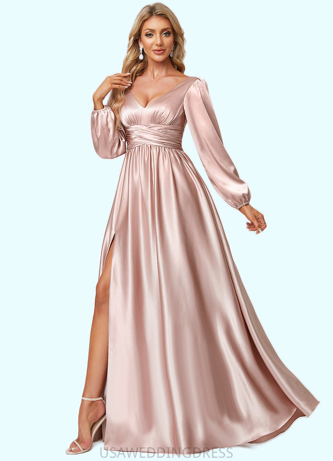 Mariana A-line V-Neck Floor-Length Stretch Satin Bridesmaid Dress DSP0022597