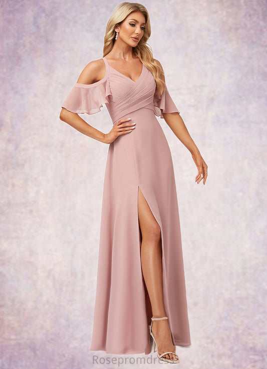 Mckenzie A-line Cold Shoulder Floor-Length Chiffon Bridesmaid Dress With Ruffle SRSP0022599