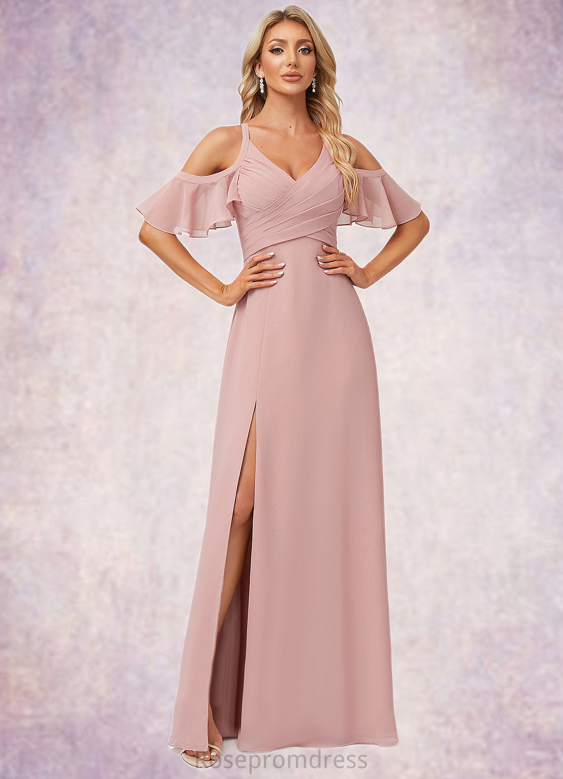 Mckenzie A-line Cold Shoulder Floor-Length Chiffon Bridesmaid Dress With Ruffle SRSP0022599