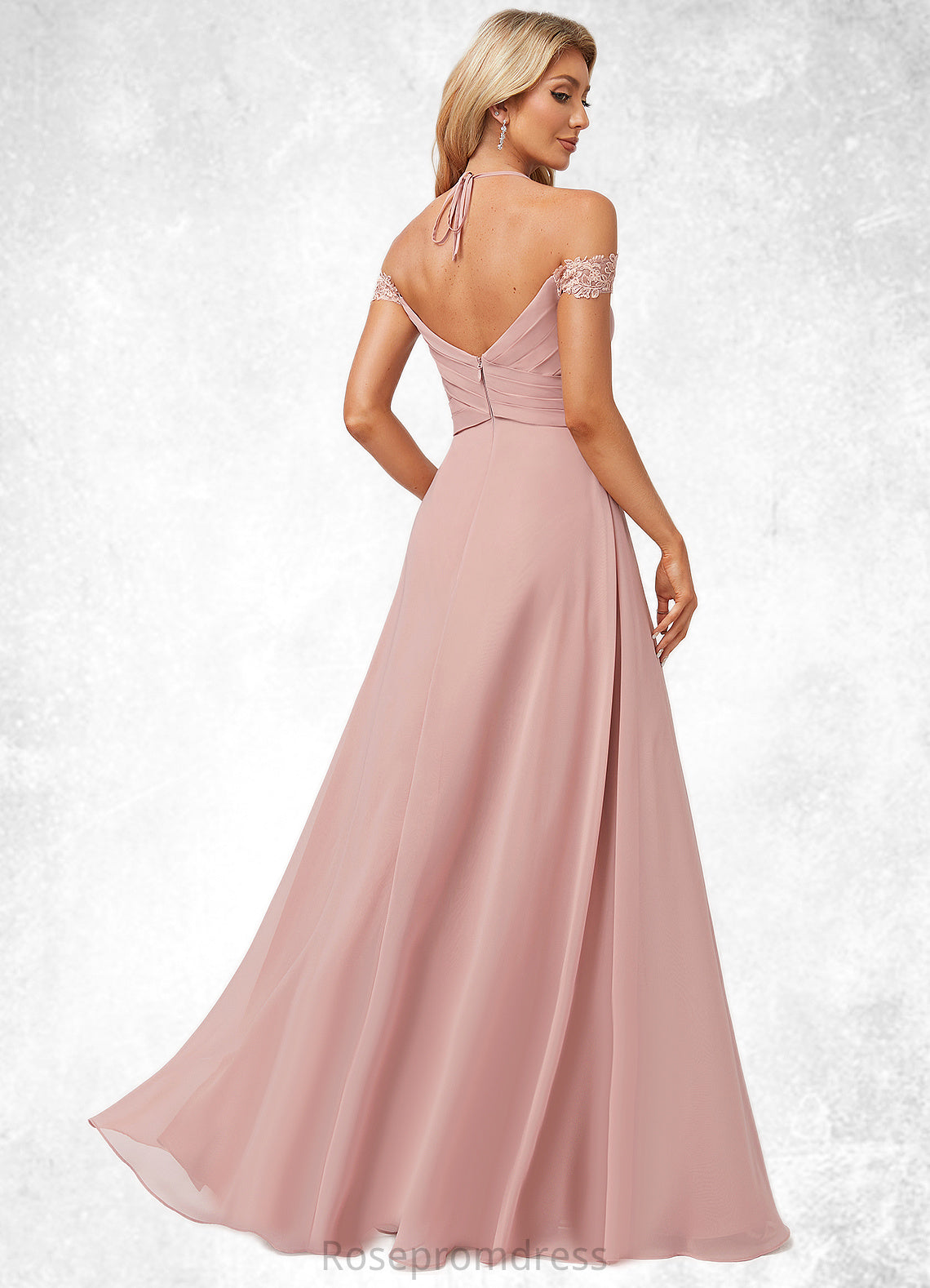 Camille A-line Cold Shoulder Halter Floor-Length Chiffon Lace Bridesmaid Dress SRSP0022601