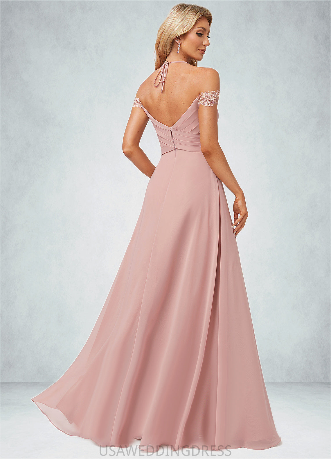 Penny A-line Cold Shoulder Halter Floor-Length Chiffon Lace Bridesmaid Dress DSP0022601