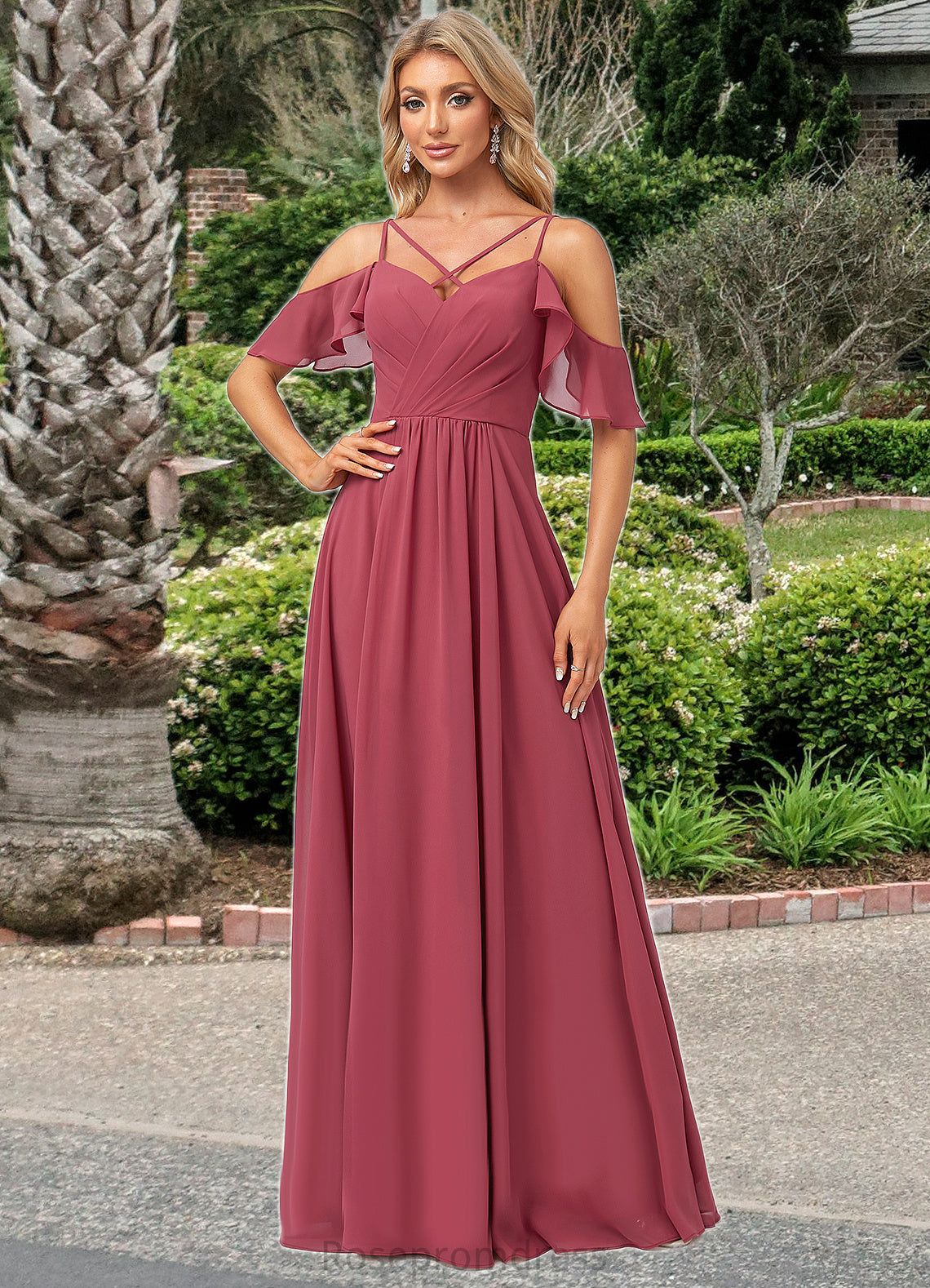 Lucia A-line Cold Shoulder Floor-Length Chiffon Bridesmaid Dress With Ruffle SRSP0022605