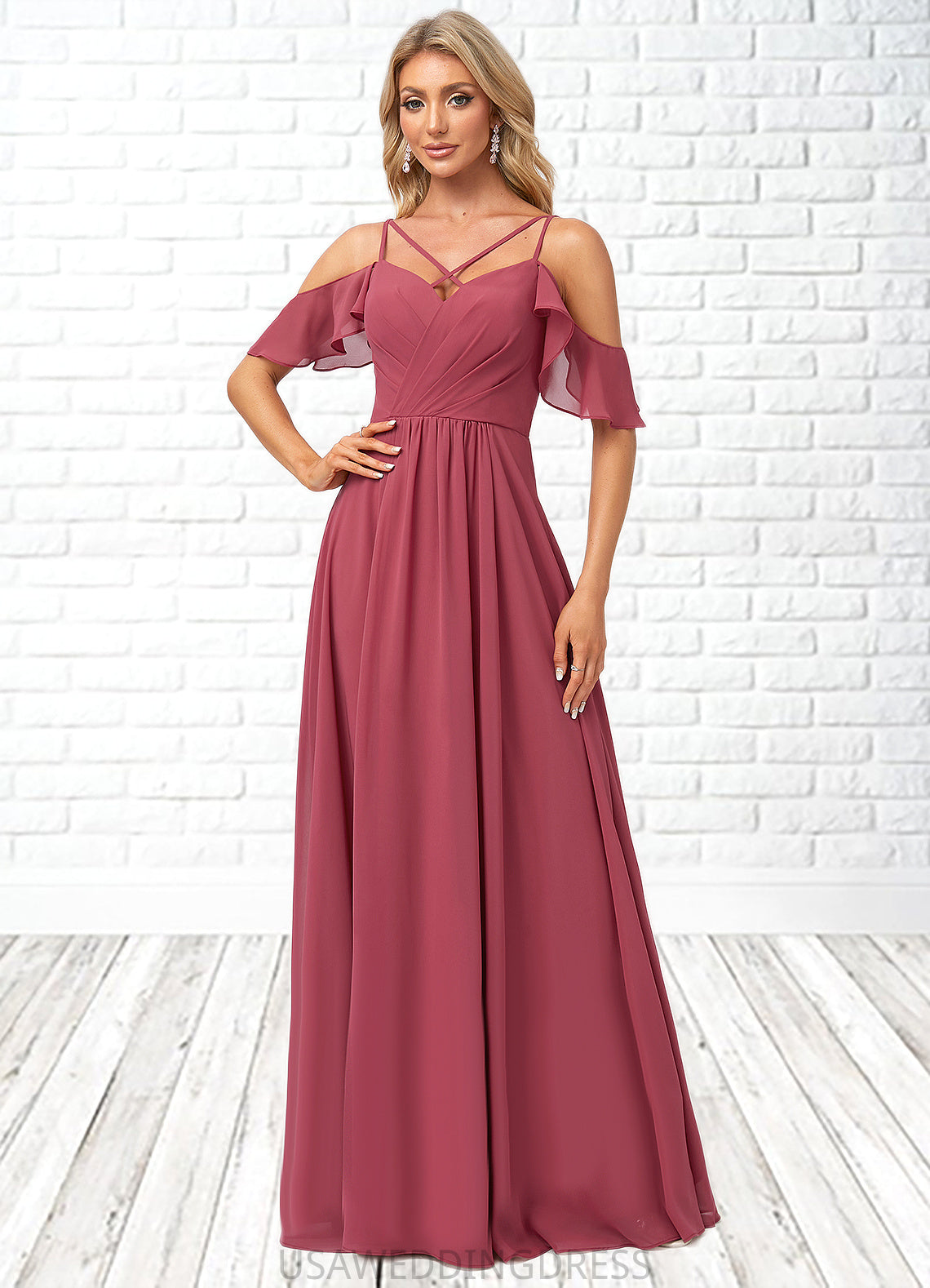 Marissa A-line Cold Shoulder Floor-Length Chiffon Bridesmaid Dress With Ruffle DSP0022605