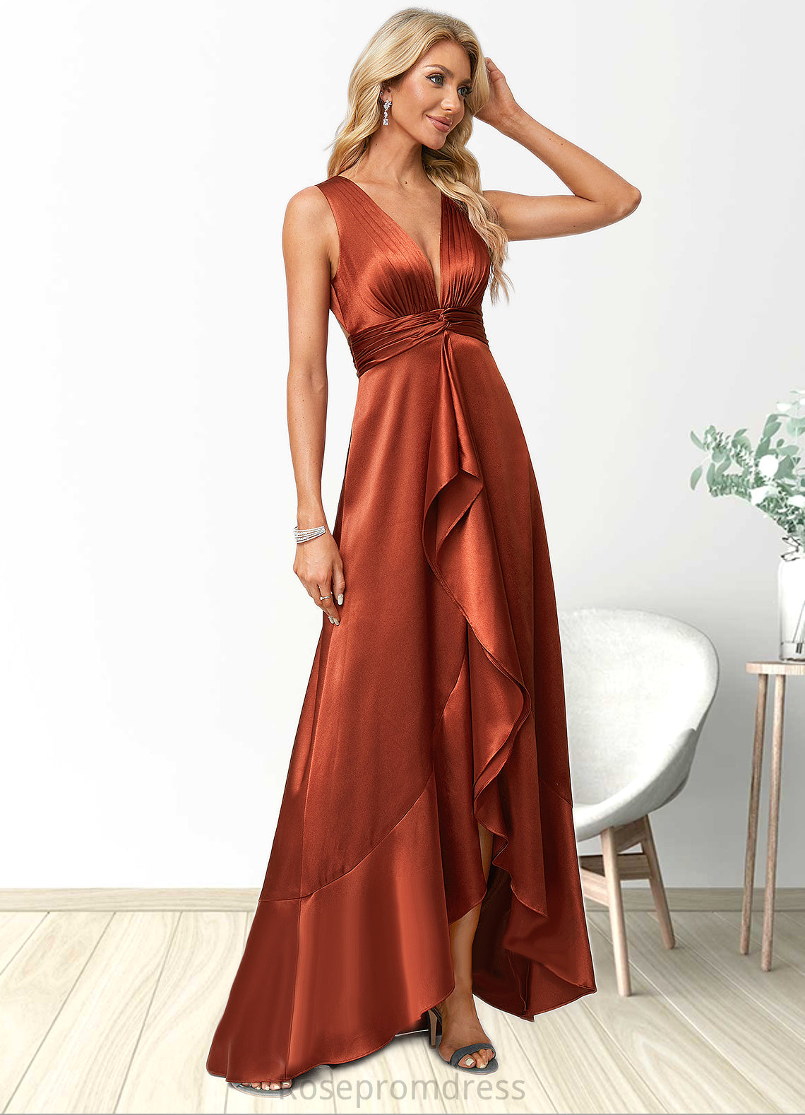 Haleigh A-line V-Neck Asymmetrical Stretch Satin Bridesmaid Dress With Ruffle SRSP0022606