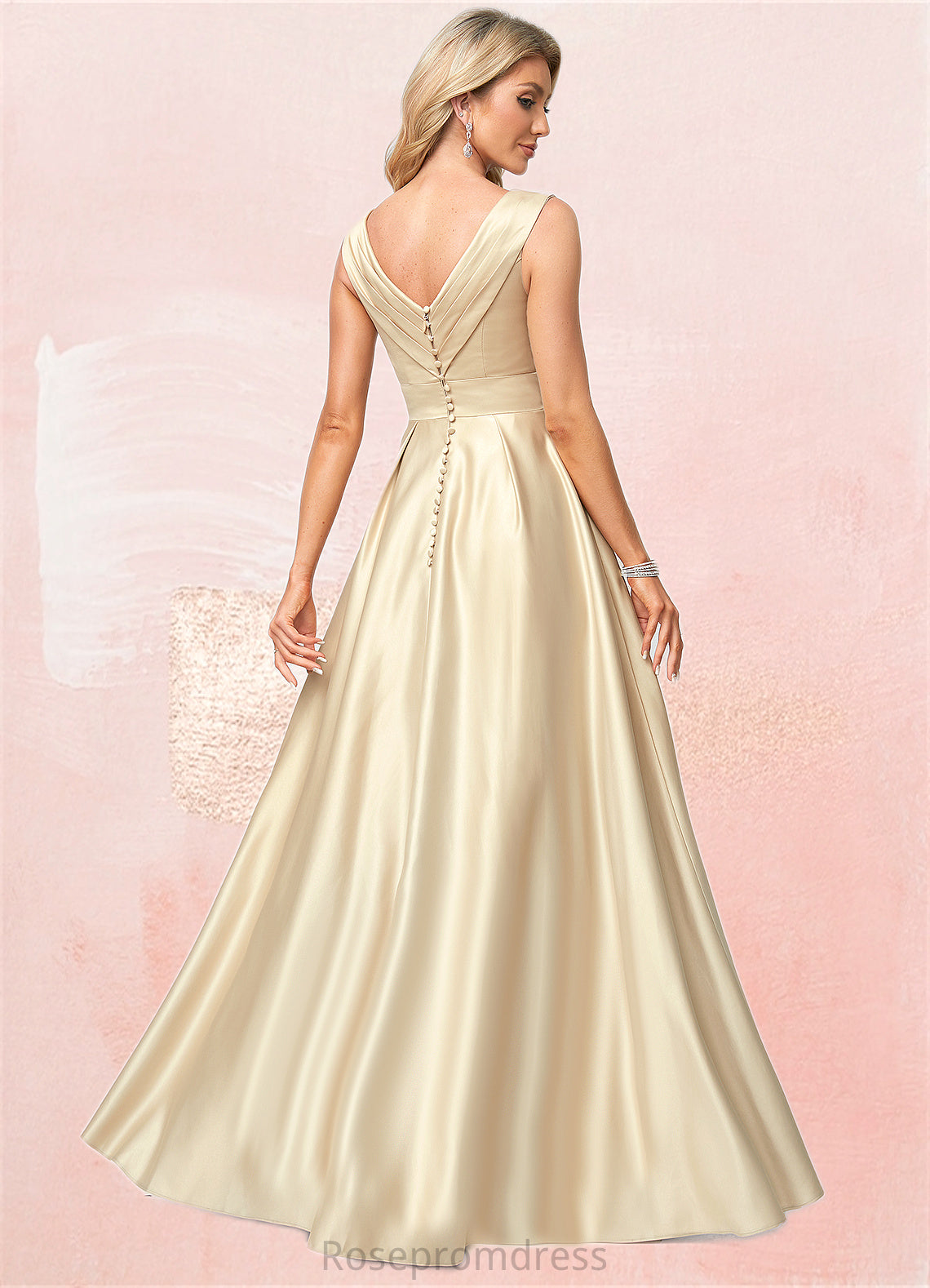 Marcie A-line V-Neck Floor-Length Satin Bridesmaid Dress SRSP0022612