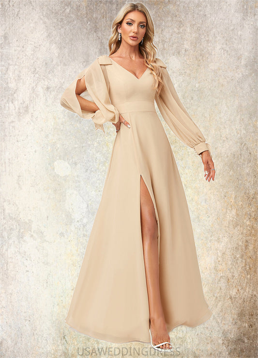 Shelby A-line V-Neck Floor-Length Chiffon Bridesmaid Dress With Bow DSP0022613