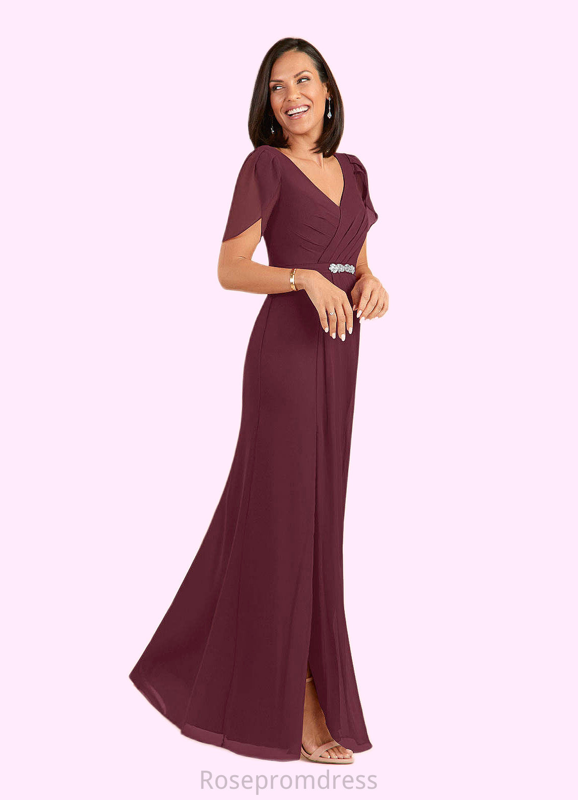 Muriel Sheath V-Neck Pleated Chiffon Floor-Length Dress SRSP0022630