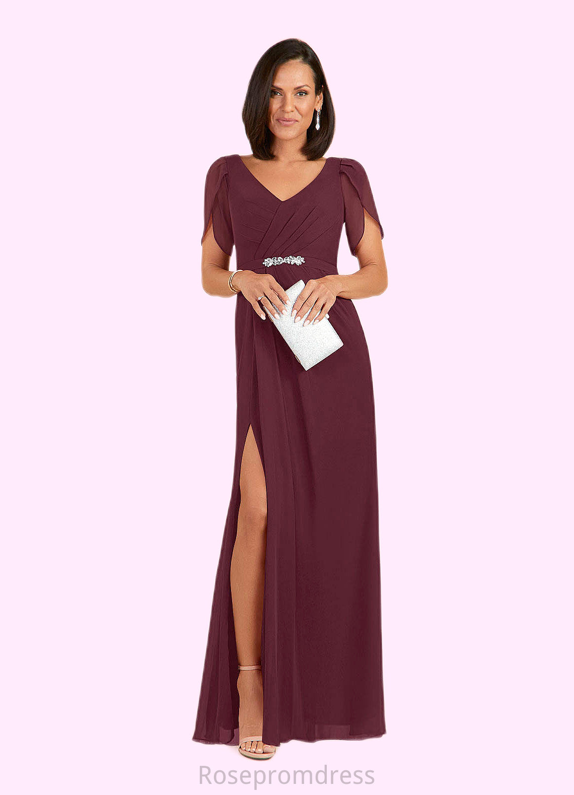 Muriel Sheath V-Neck Pleated Chiffon Floor-Length Dress SRSP0022630
