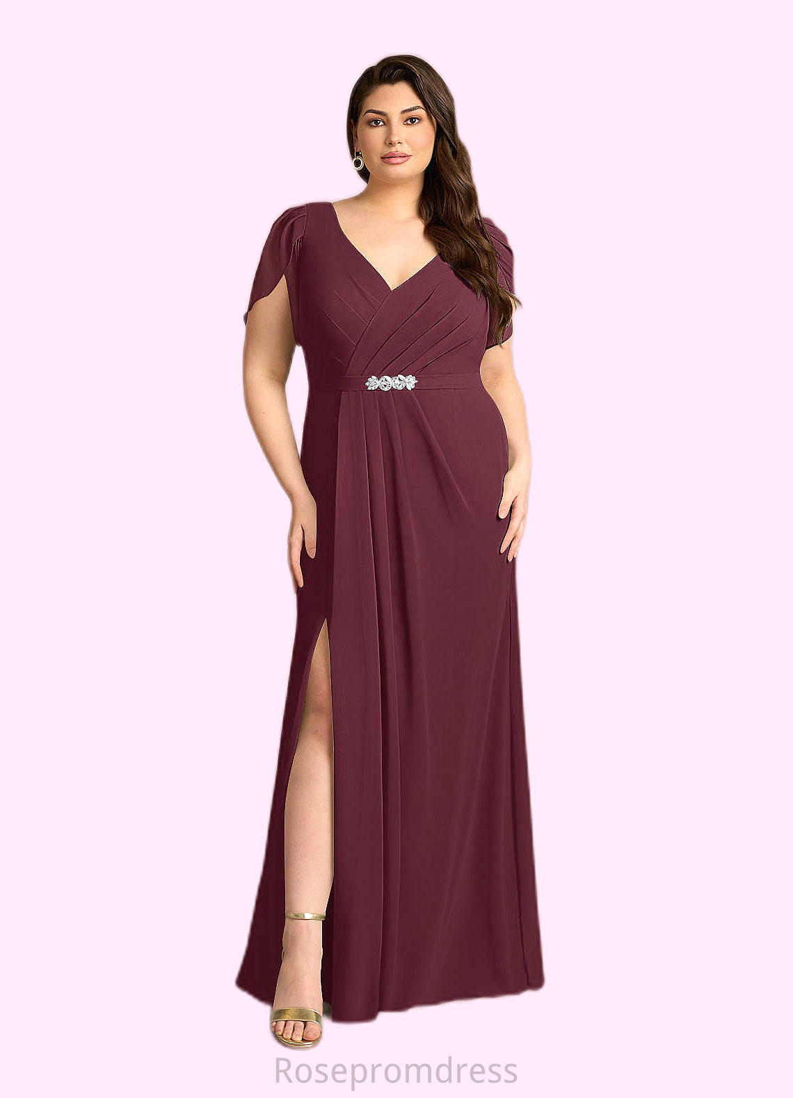 Muriel Sheath V-Neck Pleated Chiffon Floor-Length Dress SRSP0022630