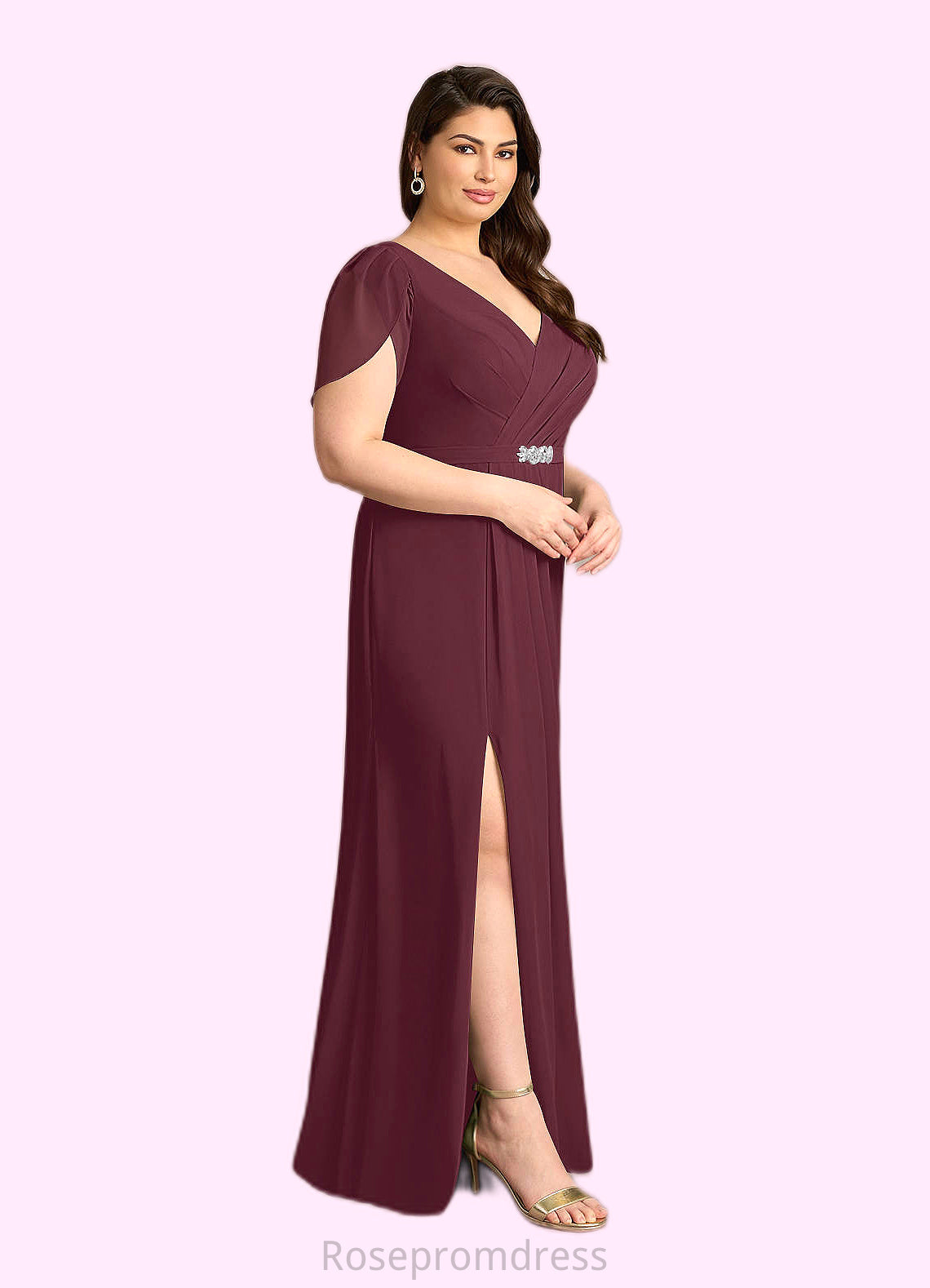 Muriel Sheath V-Neck Pleated Chiffon Floor-Length Dress SRSP0022630
