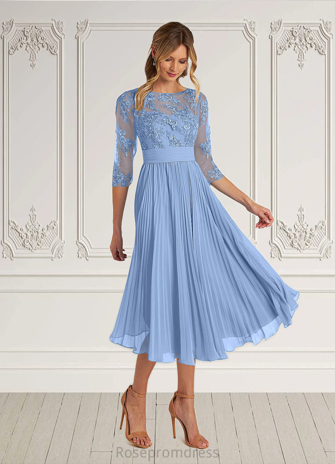 Natalya A-Line Boatneck Lace Chiffon Tea-Length Dress SRSP0022636