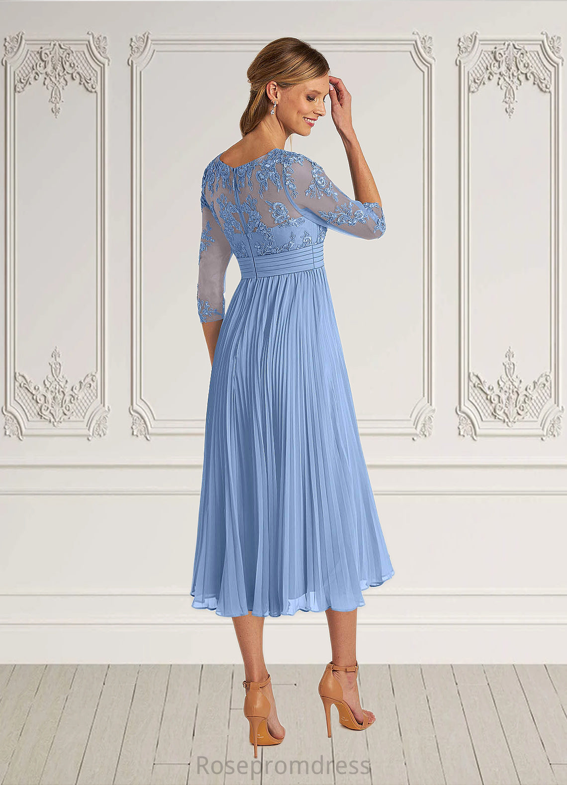 Natalya A-Line Boatneck Lace Chiffon Tea-Length Dress SRSP0022636
