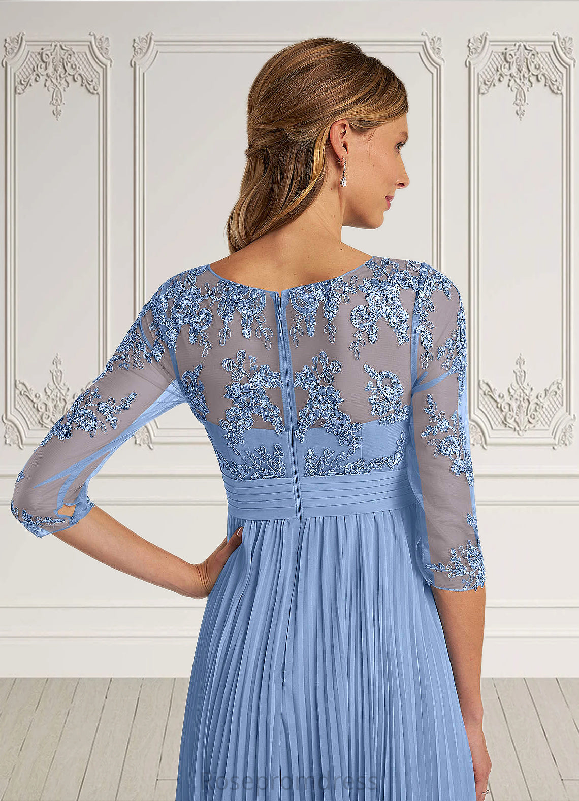 Natalya A-Line Boatneck Lace Chiffon Tea-Length Dress SRSP0022636