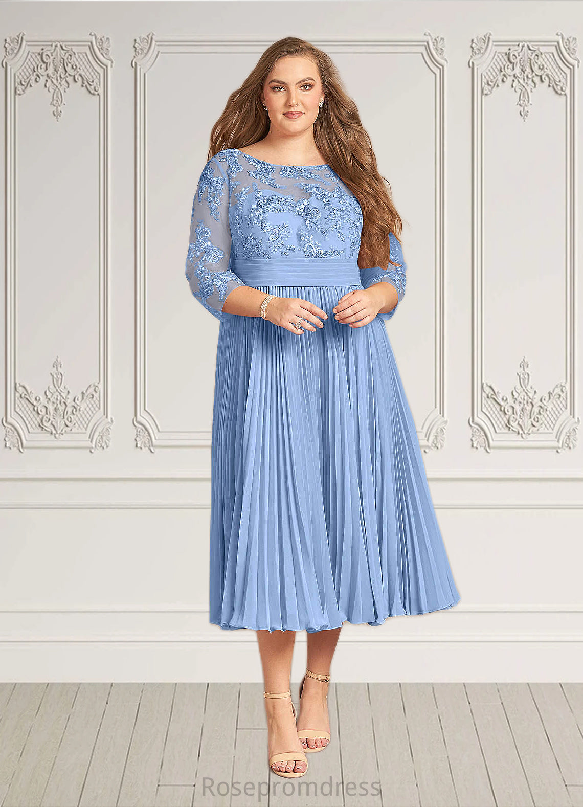 Natalya A-Line Boatneck Lace Chiffon Tea-Length Dress SRSP0022636