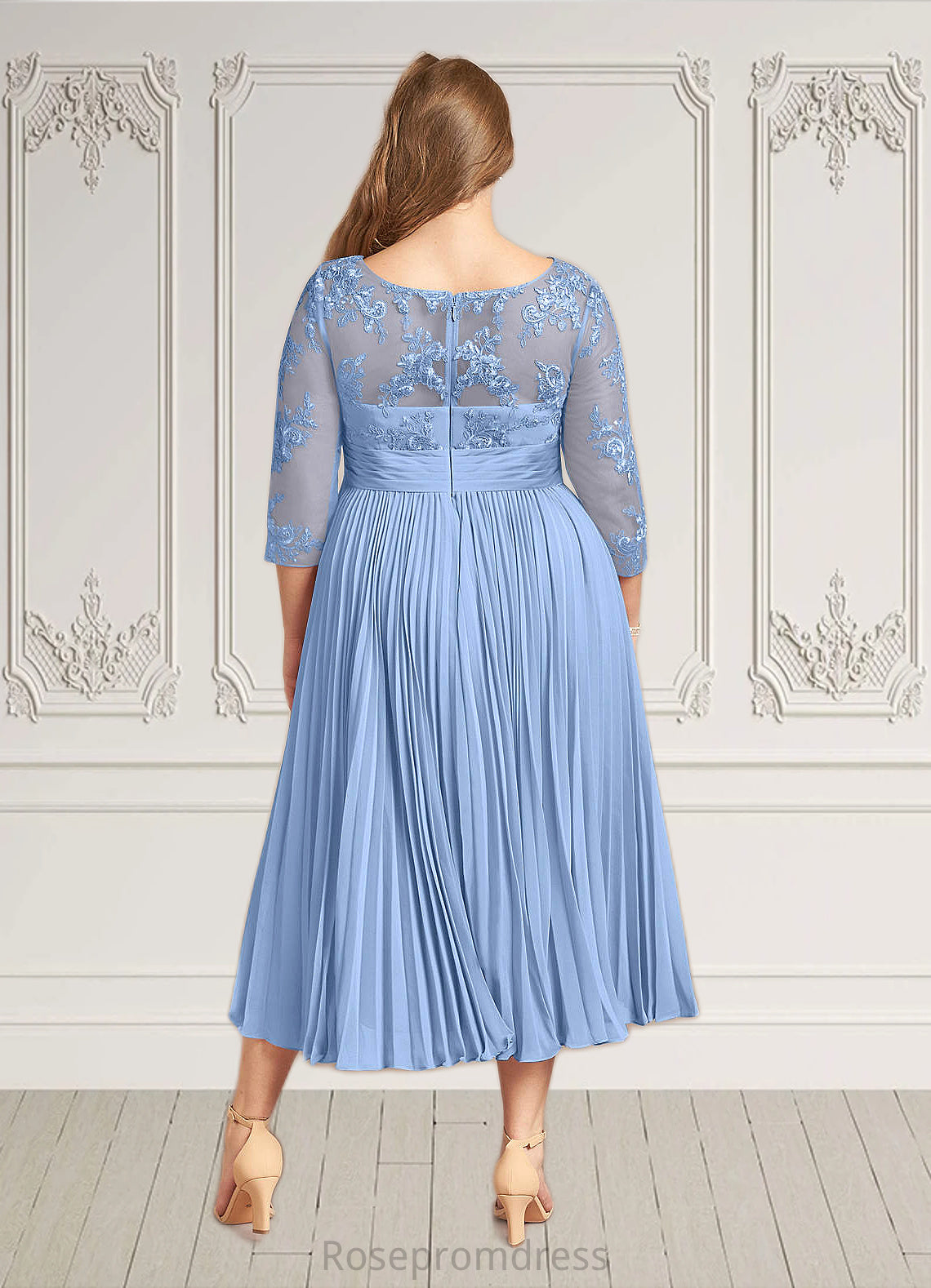 Natalya A-Line Boatneck Lace Chiffon Tea-Length Dress SRSP0022636