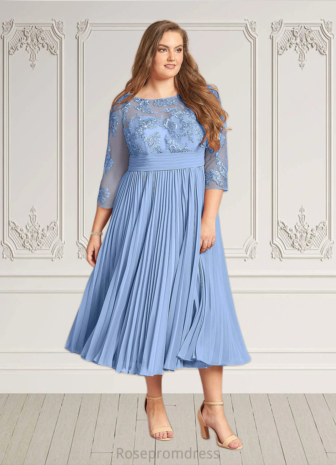 Natalya A-Line Boatneck Lace Chiffon Tea-Length Dress SRSP0022636