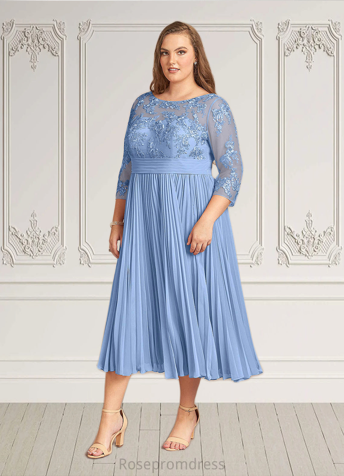 Natalya A-Line Boatneck Lace Chiffon Tea-Length Dress SRSP0022636