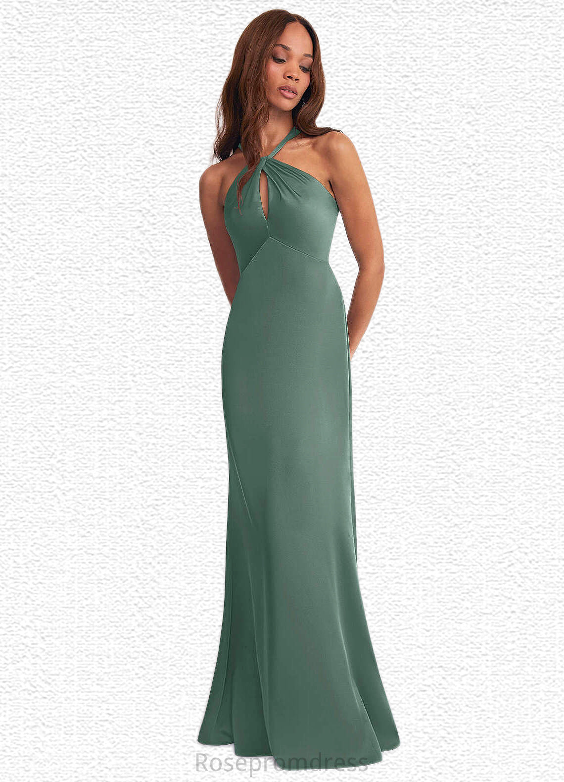 Nathalie Keyhole Halter Stretch Satin Sheath Dress Eucalyptus SRSP0022713