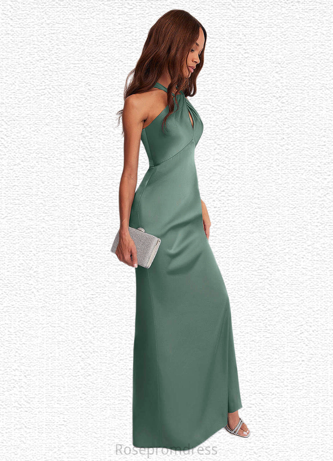 Nathalie Keyhole Halter Stretch Satin Sheath Dress Eucalyptus SRSP0022713