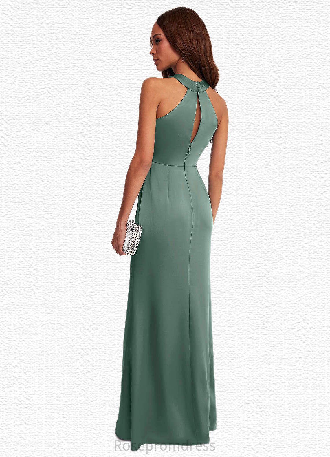 Nathalie Keyhole Halter Stretch Satin Sheath Dress Eucalyptus SRSP0022713