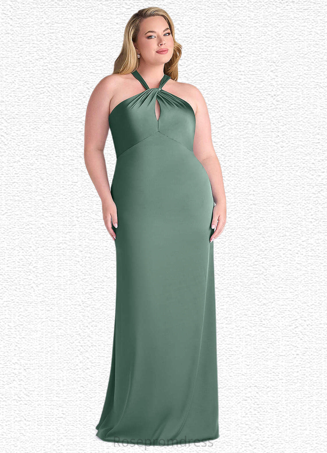 Nathalie Keyhole Halter Stretch Satin Sheath Dress Eucalyptus SRSP0022713