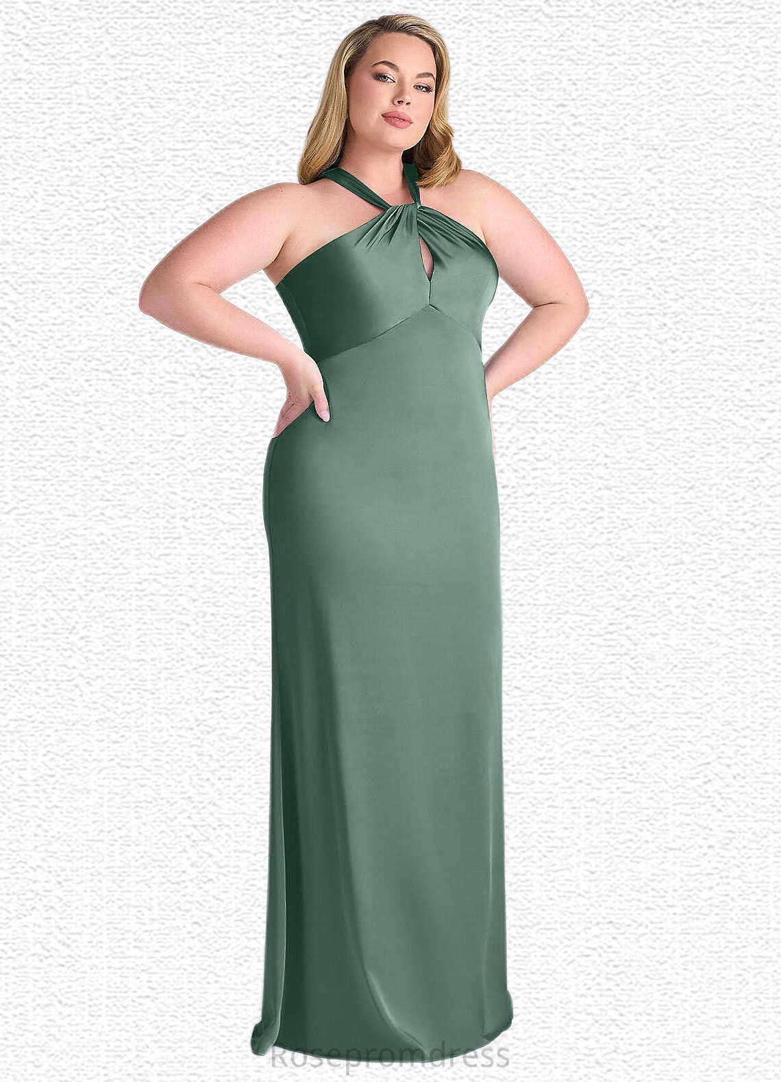 Nathalie Keyhole Halter Stretch Satin Sheath Dress Eucalyptus SRSP0022713