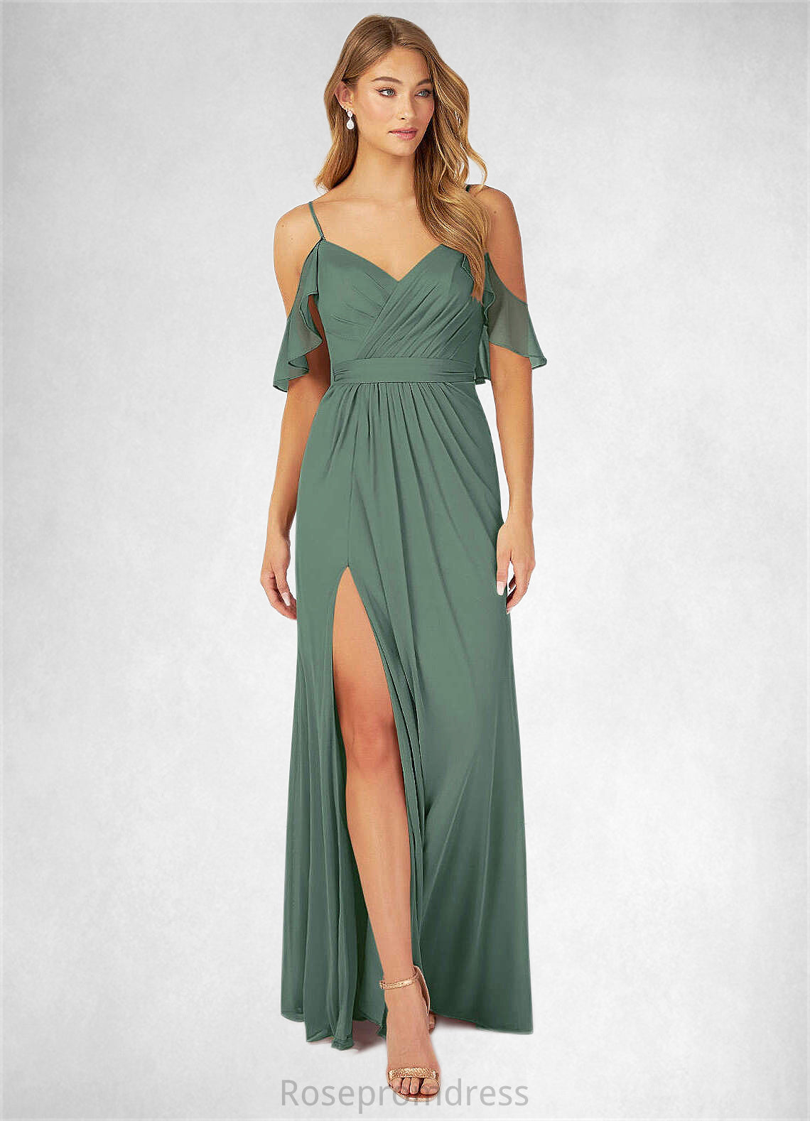Kayla A-Line V-neck Ruched Mesh Floor-Length Dress Eucalyptus SRSP0022714