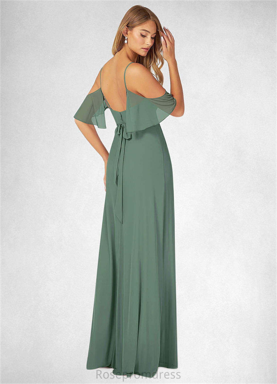 Kayla A-Line V-neck Ruched Mesh Floor-Length Dress Eucalyptus SRSP0022714
