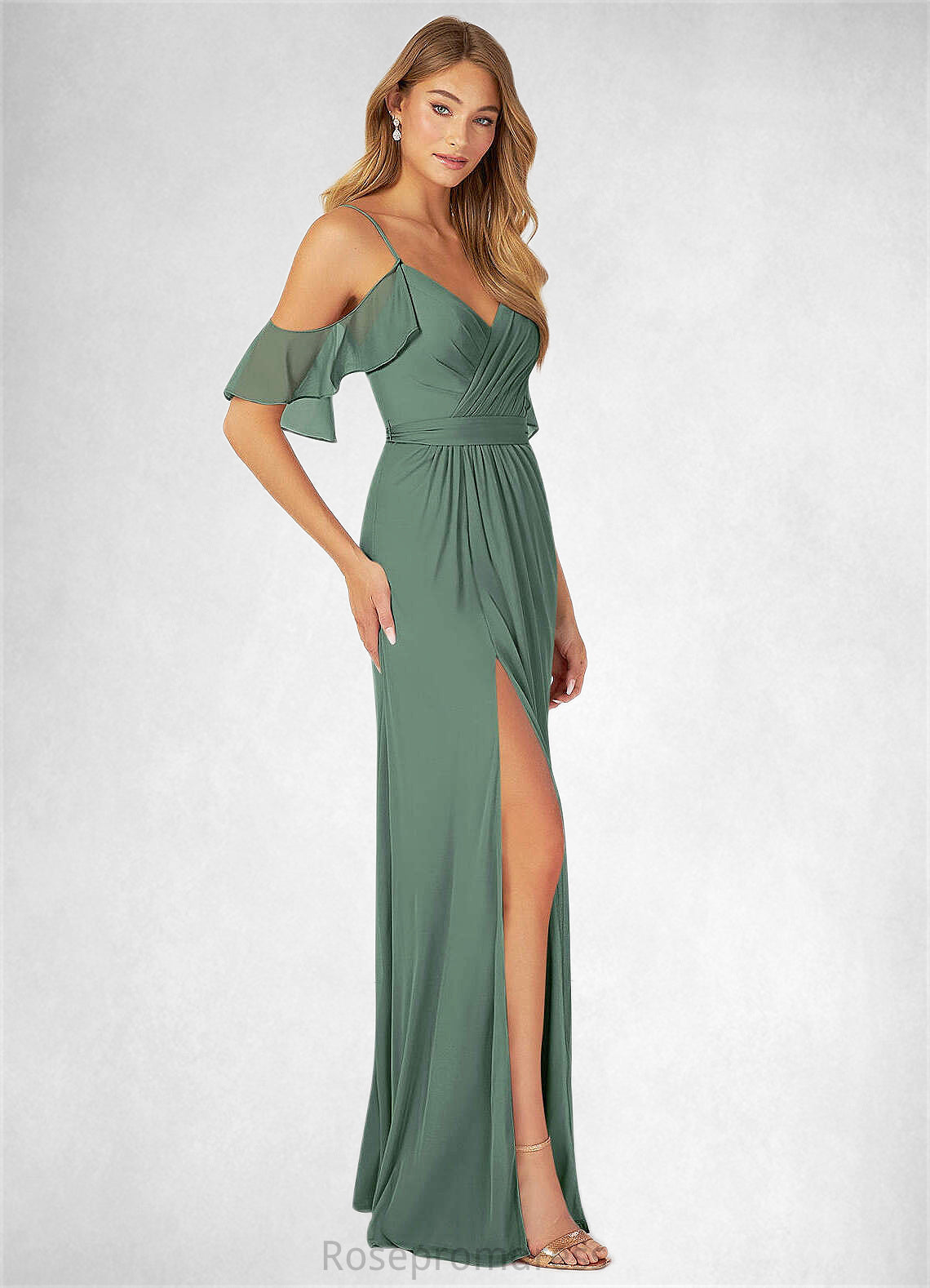 Kayla A-Line V-neck Ruched Mesh Floor-Length Dress Eucalyptus SRSP0022714