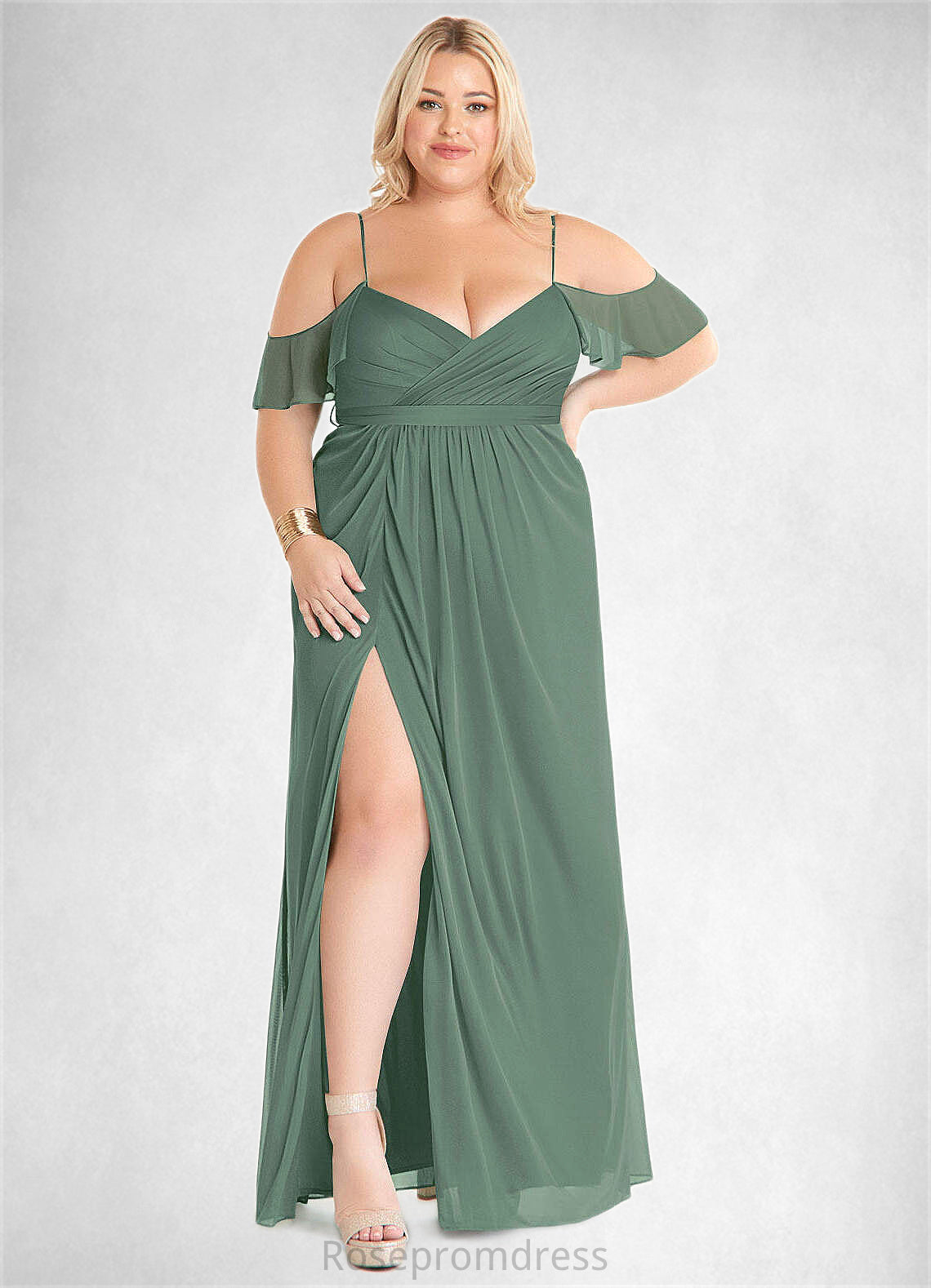 Kayla A-Line V-neck Ruched Mesh Floor-Length Dress Eucalyptus SRSP0022714