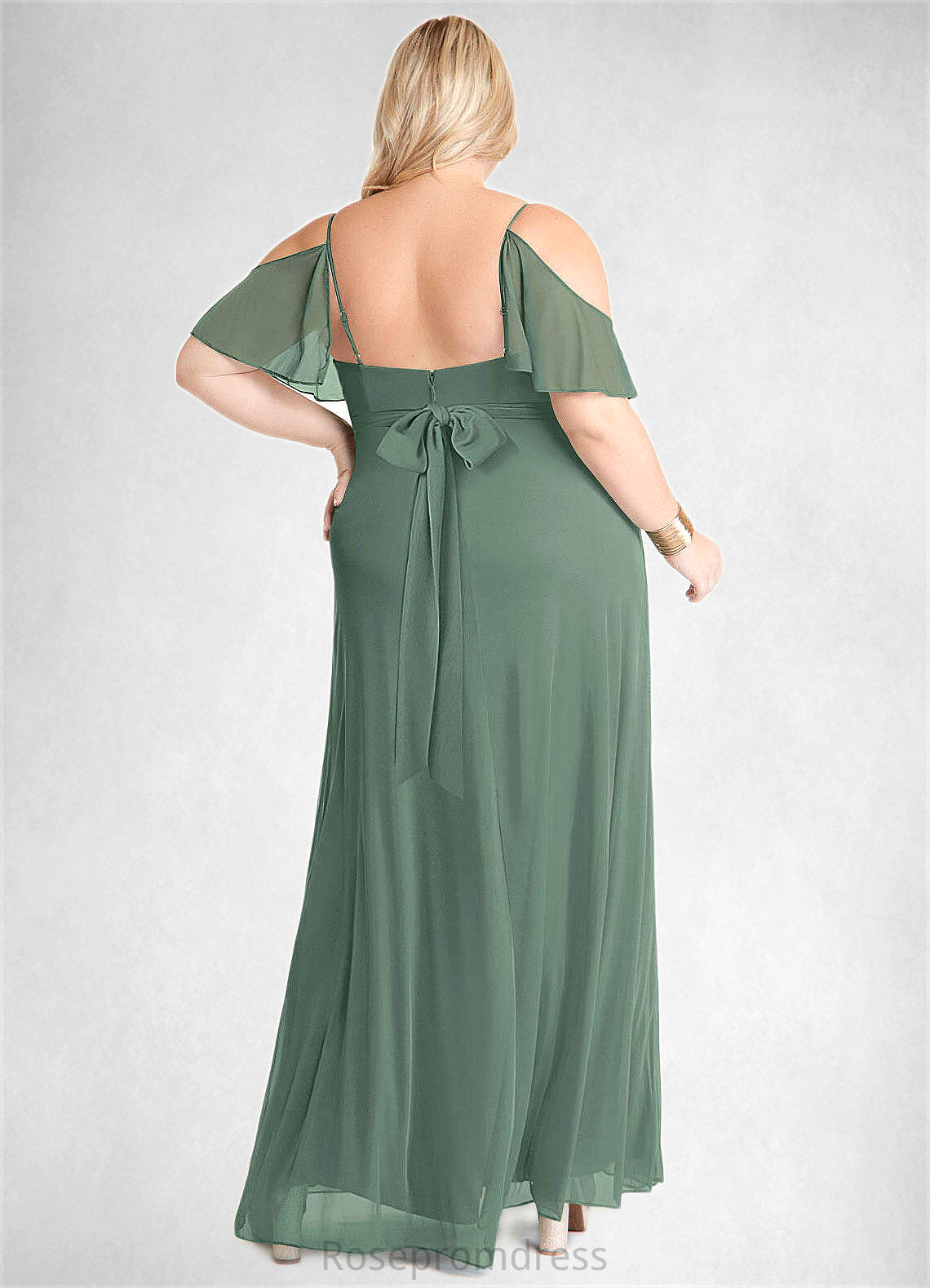 Kayla A-Line V-neck Ruched Mesh Floor-Length Dress Eucalyptus SRSP0022714