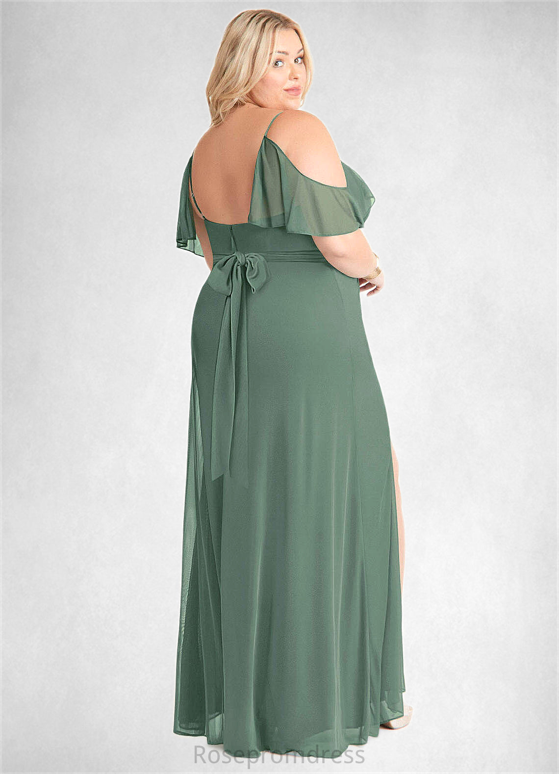 Kayla A-Line V-neck Ruched Mesh Floor-Length Dress Eucalyptus SRSP0022714