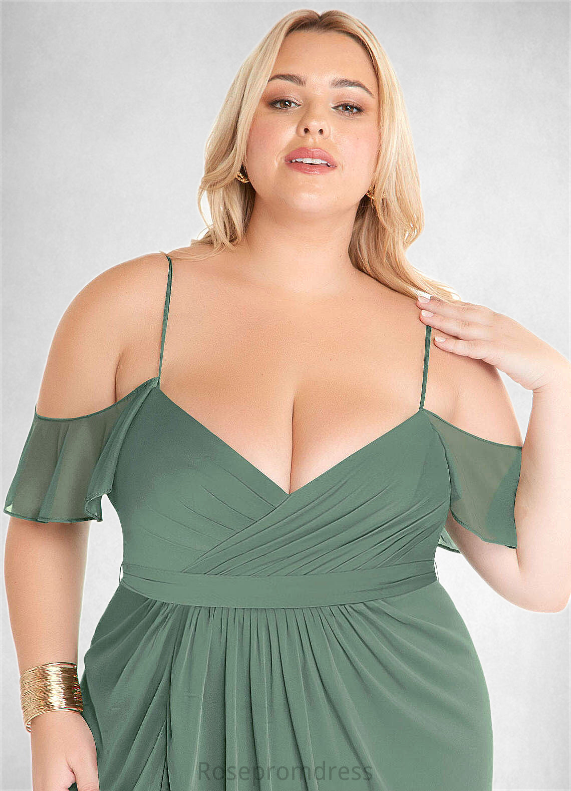 Kayla A-Line V-neck Ruched Mesh Floor-Length Dress Eucalyptus SRSP0022714