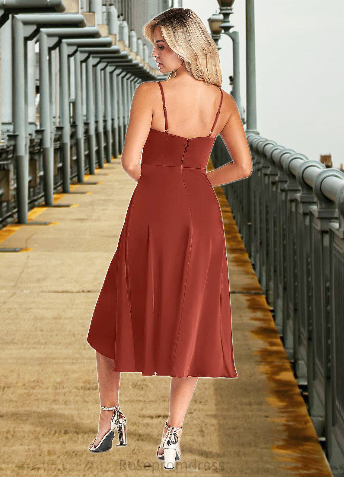 Gwendoline A-Line Side Slit Stretch Satin Tea-Length Dress Terracotta SRSP0022728