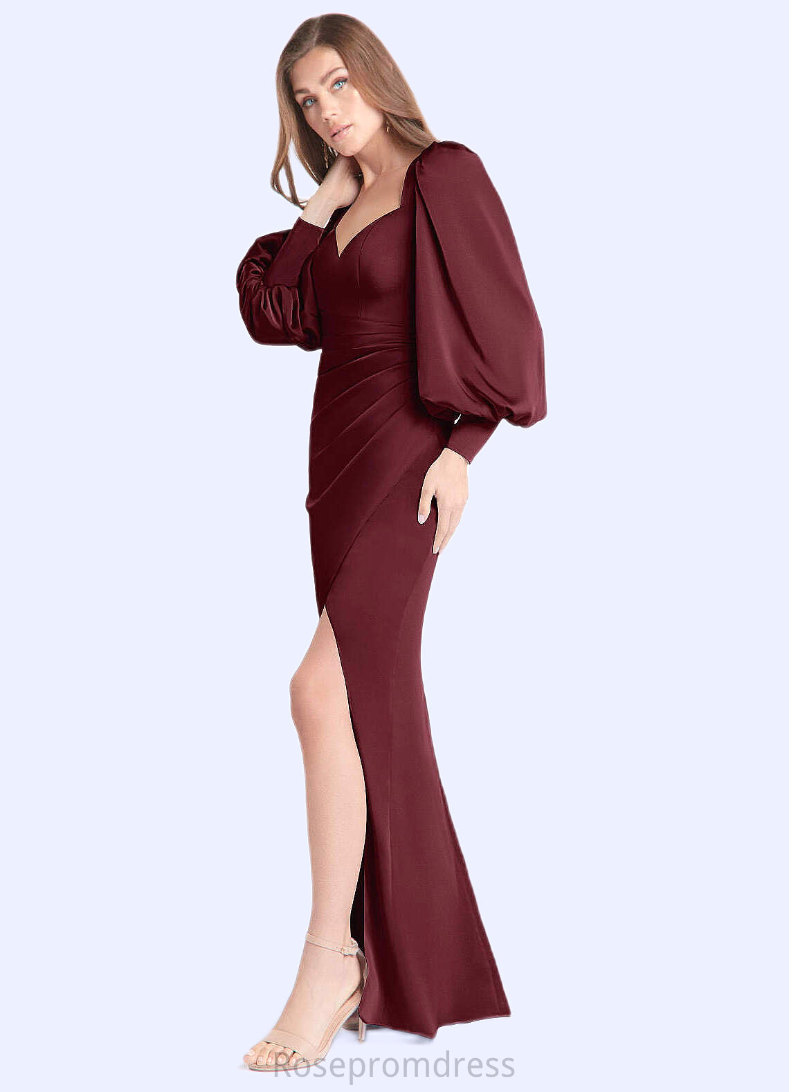Krystal Sheath Long Sleeve Stretch Satin Floor-Length Dress Cabernet SRSP0022738
