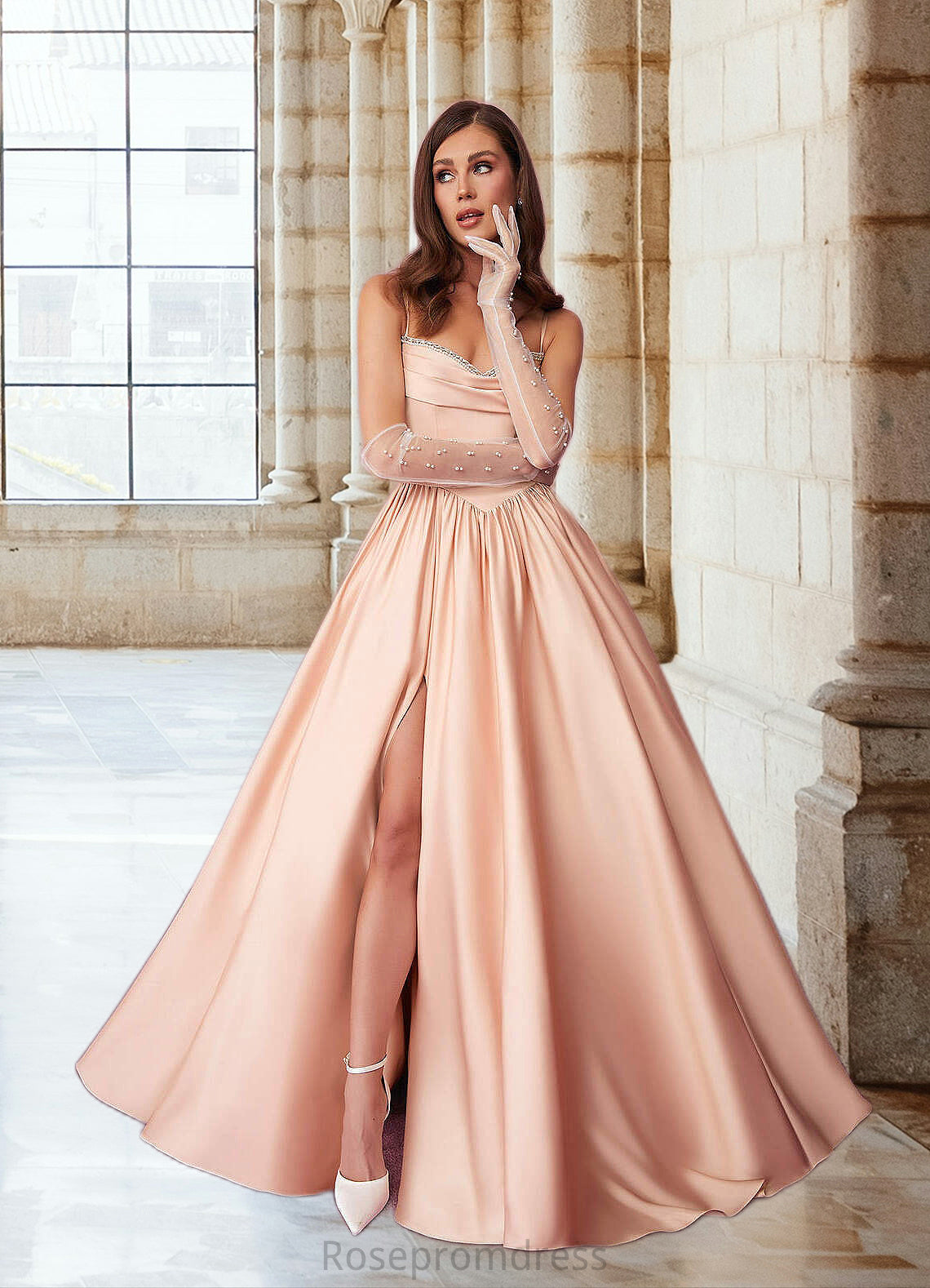 Reina Beaded Sweetheart Cowl Dropwaist Stretch Satin Ball Gown English Rose SRSP0022753